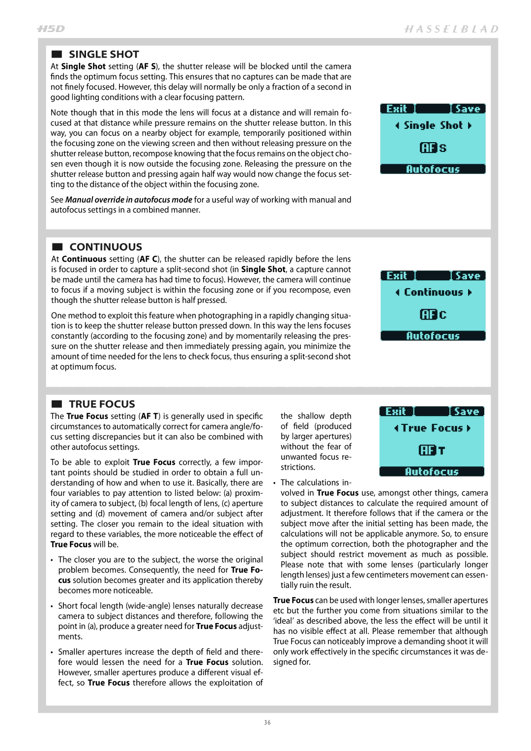 Hasselblad H4D200MS user manual  SINGLE Shot,  Continuous,  TRUE Focus 